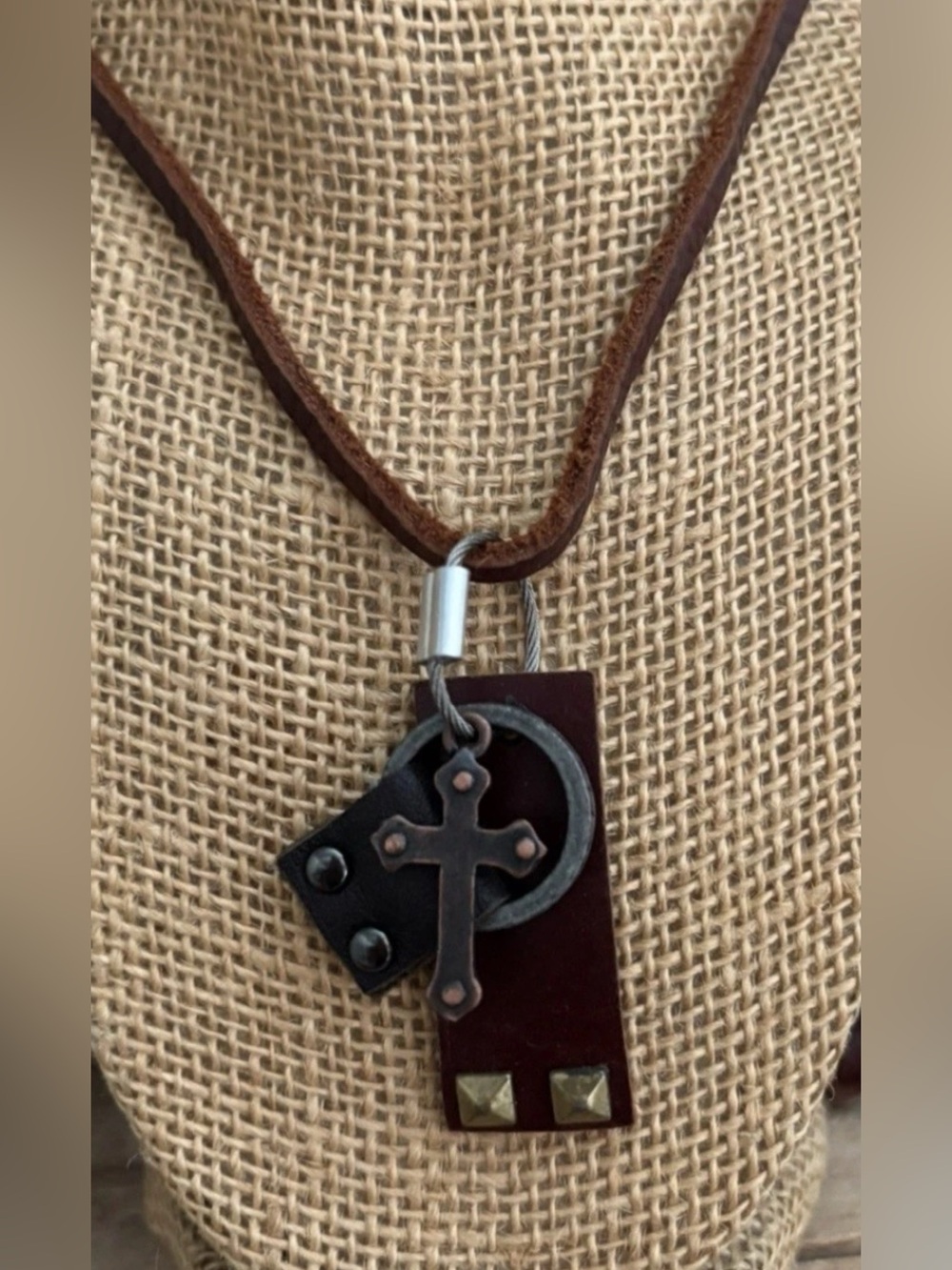 Adjustable Leather Brass Charms Faith Necklace Christian Unisex NEW!